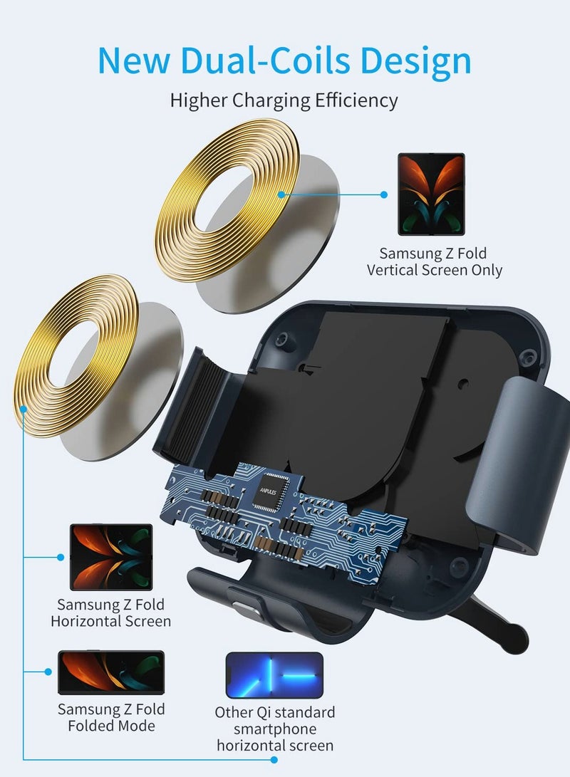 Excefore شاحن سيارة لاسلكي لهاتف Samsung Galaxy Z Fold 4/3/2، [ملفان مزدوجان] حامل هاتف سريع الشحن، حامل لوحة القيادة بفتحة التهوية التلقائية قابل للطي/الملاحظة - Image 4