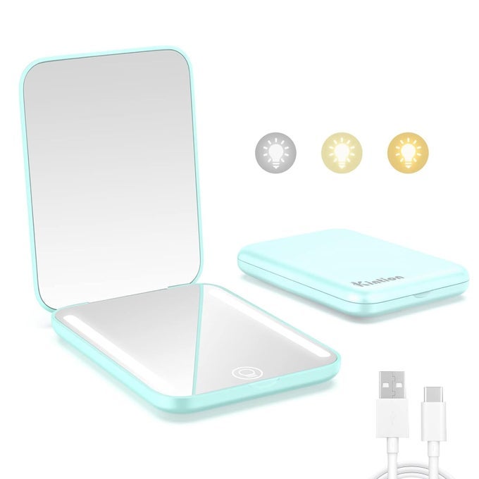 RECHARGEABLE POCKET MIRROR DOUBLE SIDED 1X3X MAGNIFICATION COMPACT VANITY MIRROR 3 COLOR LIGHTS DIMMABLE SMALL PORTABLE WALLET MIRROR LIGHTED TRAVEL MIRROR FOR WOMEN GIFTS CYAN