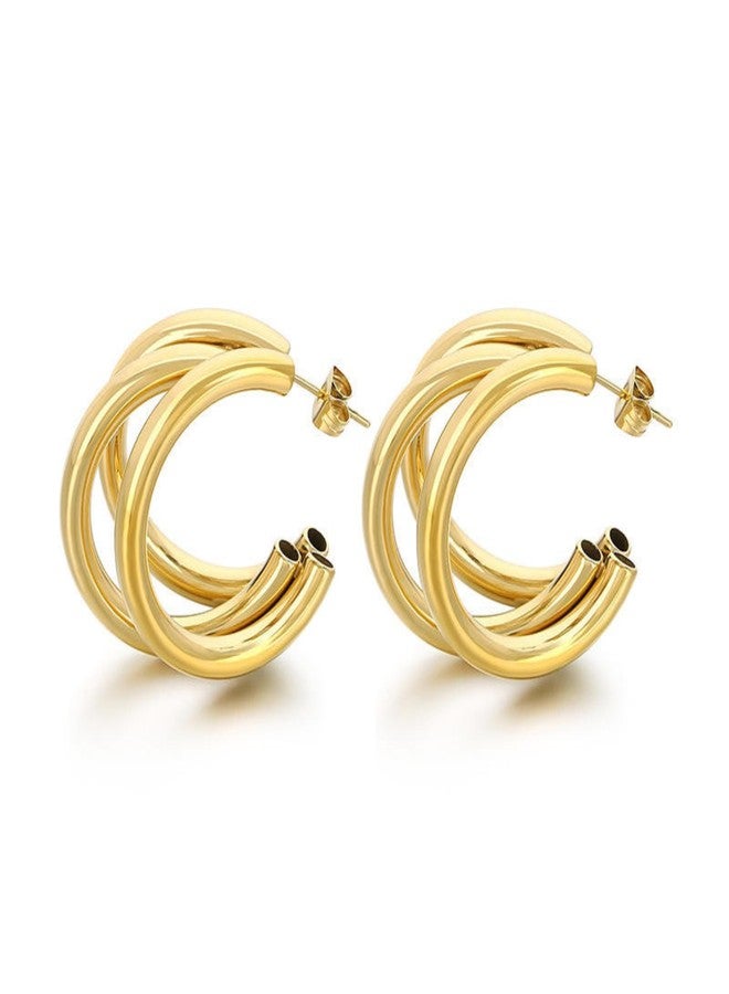 Salve C-Shaped Chunky Triple Hoop Western Golden Earrings for Women Fashion | Gold Hoops Fancy Aesthetic Earrings for Girls Stylish | Korean Minimal Jewellery - Image 1