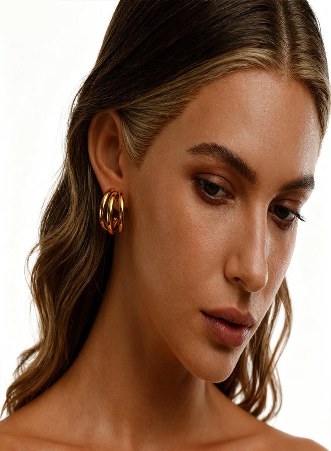 Salve C-Shaped Chunky Triple Hoop Western Golden Earrings for Women Fashion | Gold Hoops Fancy Aesthetic Earrings for Girls Stylish | Korean Minimal Jewellery - Image 4