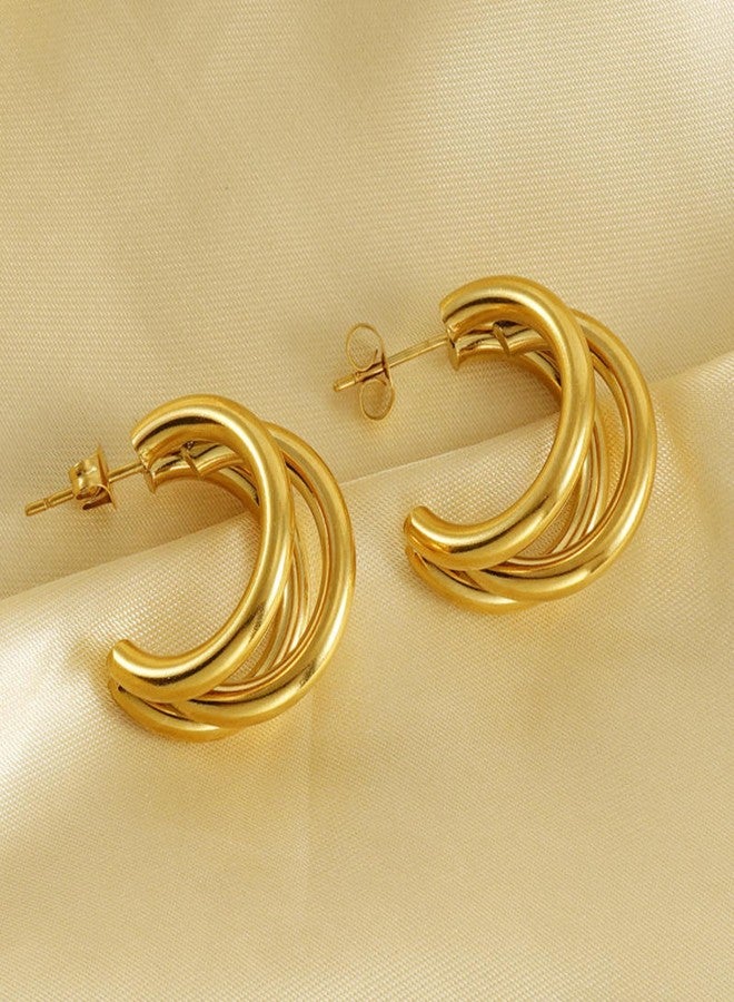 Salve C-Shaped Chunky Triple Hoop Western Golden Earrings for Women Fashion | Gold Hoops Fancy Aesthetic Earrings for Girls Stylish | Korean Minimal Jewellery - Image 2
