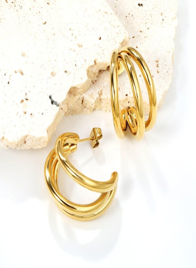 Salve C-Shaped Chunky Triple Hoop Western Golden Earrings for Women Fashion | Gold Hoops Fancy Aesthetic Earrings for Girls Stylish | Korean Minimal Jewellery - Image 5