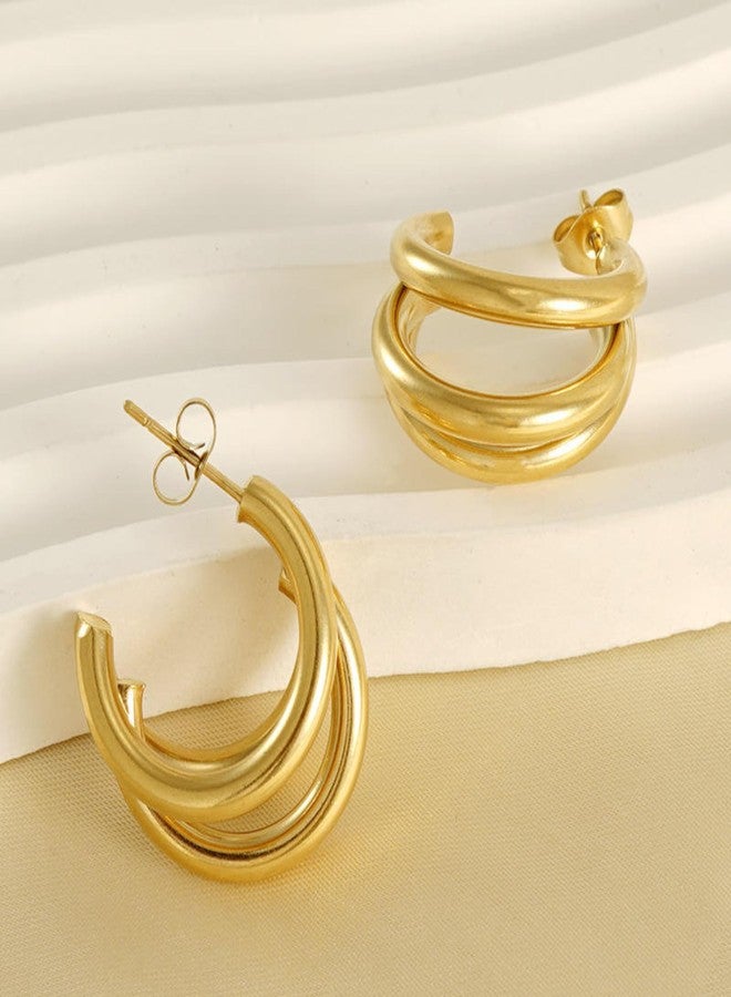 Salve C-Shaped Chunky Triple Hoop Western Golden Earrings for Women Fashion | Gold Hoops Fancy Aesthetic Earrings for Girls Stylish | Korean Minimal Jewellery - Image 3