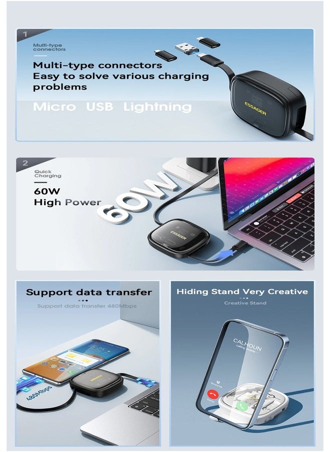 ESSAGER Essager 4 in 1 USB C To USB C Cable PD 60W Fast Charging Data Cord for iPhone Xiaomi Type C Micro, 1 meter long cable With Storage Box and a phone stand  - Image 3
