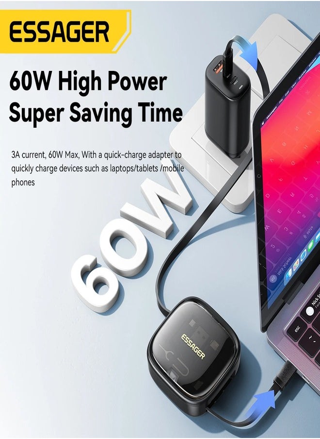 Essager 4 in 1 USB C To USB C Cable PD 60W Fast Charging Data Cord for iPhone Xiaomi Type C Micro, 1 meter long cable With Storage Box and a phone stand