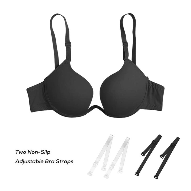 Sexy Code 1701 Womens Low Plunge Push Up Bra with Clear Straps Low Cut Convertible Underwire Padded Cleavage Bra(D013-Black-32C) - Image 5