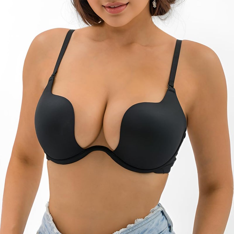 Sexy Code 1701 Womens Low Plunge Push Up Bra with Clear Straps Low Cut Convertible Underwire Padded Cleavage Bra(D013-Black-32C) - Image 4