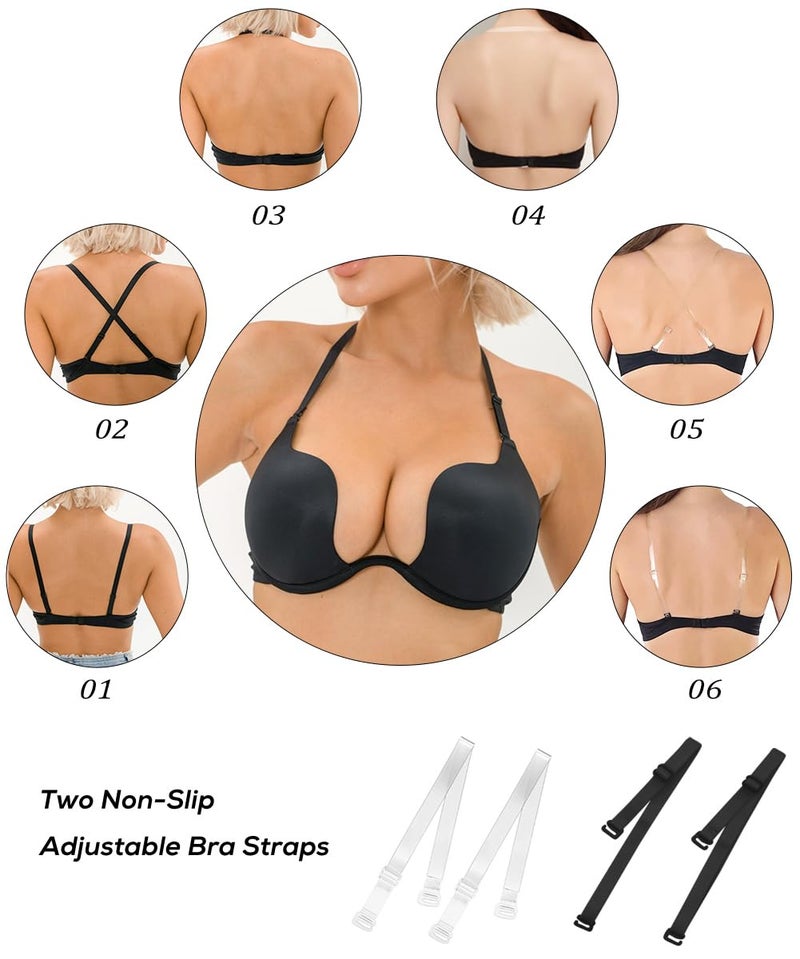 Sexy Code 1701 Womens Low Plunge Push Up Bra with Clear Straps Low Cut Convertible Underwire Padded Cleavage Bra(D013-Black-32C) - Image 3