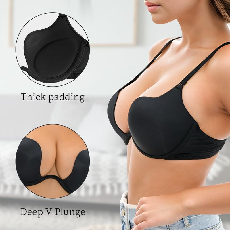 Sexy Code 1701 Womens Low Plunge Push Up Bra with Clear Straps Low Cut Convertible Underwire Padded Cleavage Bra(D013-Black-32C) - Image 2