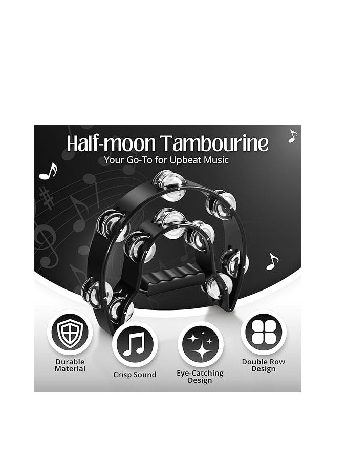 Megarya Megarya Half Moon Musical Tambourine (2 Pack, Black) Double Row Metal Jingles Hand Held Percussion Drum with Ergonomic Handle Grip  - Image 3