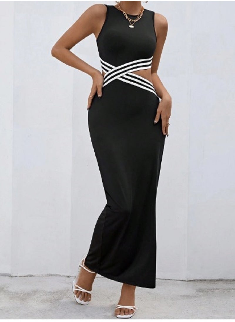 Shein - SHEIN Striped Print Crisscross Cut Out Waist Bodycon Dress - Image 1