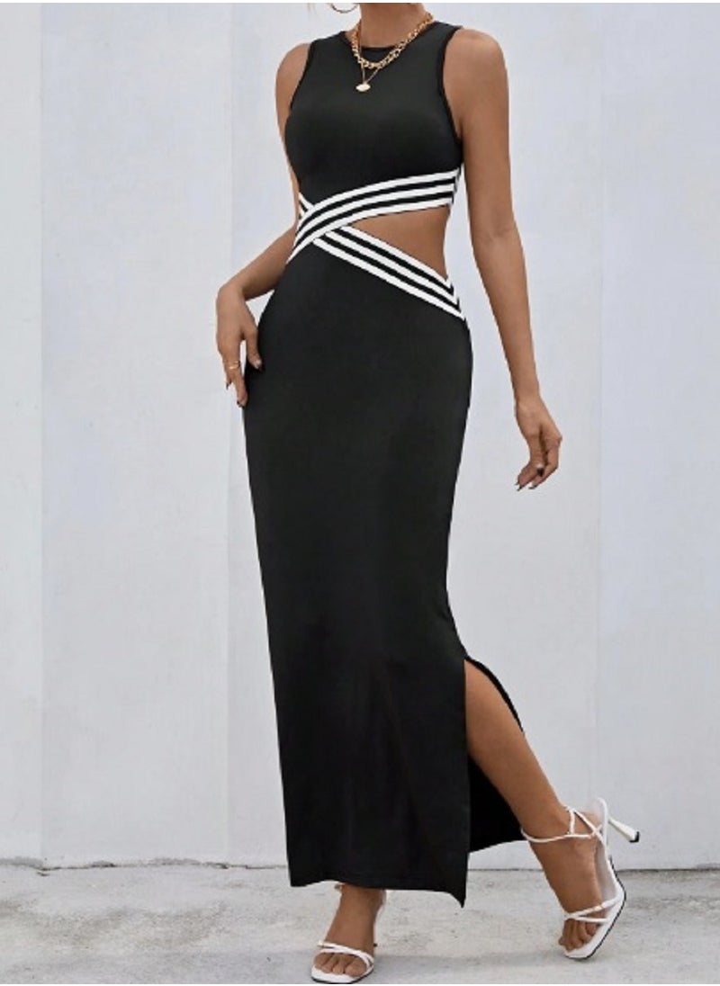 Shein - SHEIN Striped Print Crisscross Cut Out Waist Bodycon Dress - Image 1