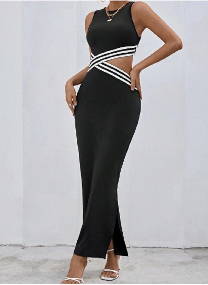 Shein - SHEIN Striped Print Crisscross Cut Out Waist Bodycon Dress - Image 1