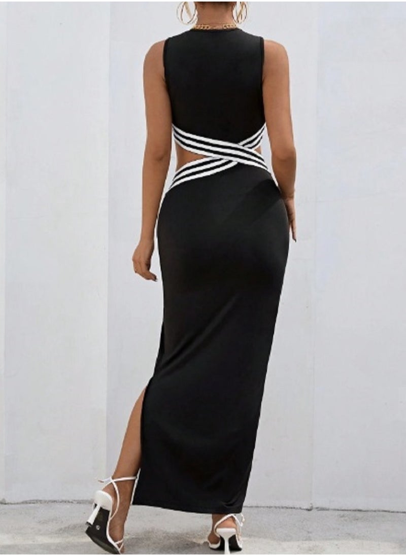 Shein - SHEIN Striped Print Crisscross Cut Out Waist Bodycon Dress - Image 1