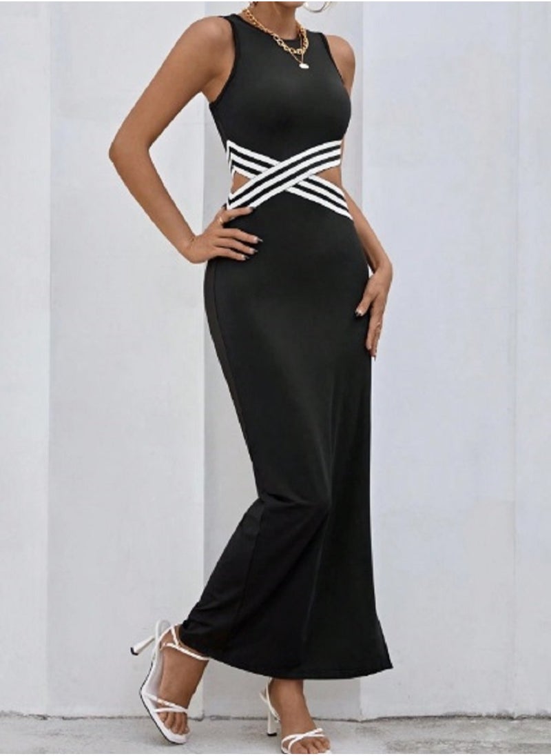 Shein - SHEIN Striped Print Crisscross Cut Out Waist Bodycon Dress - Image 1