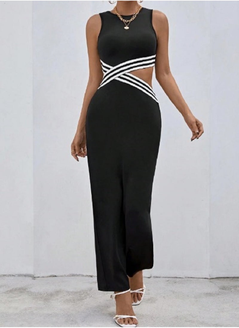 Shein - SHEIN Striped Print Crisscross Cut Out Waist Bodycon Dress - Image 1