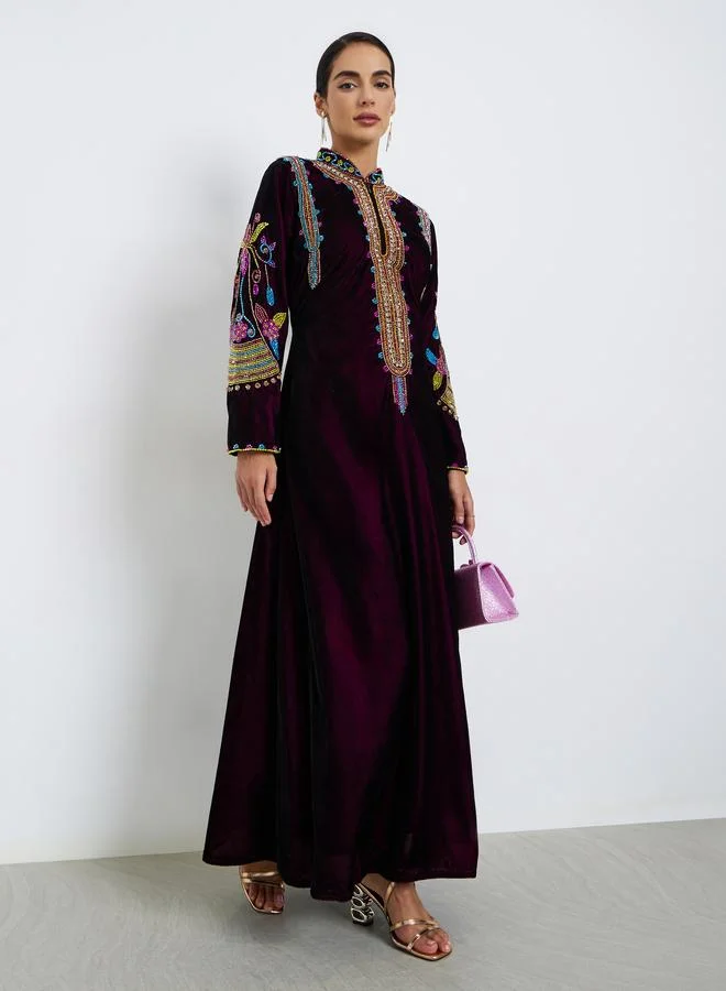 Maxim Creation Premium Velvet Jalabiya with Colorful Crystal Embroidery Stones