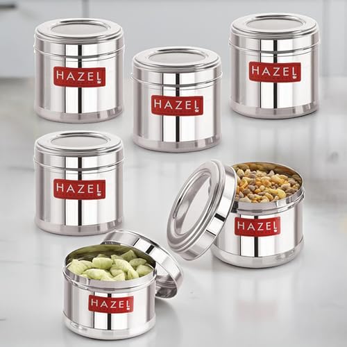 HAZEL Stainless Steel Masala Containers Set of 6 | 700ML Airtight See Through Lid | SS Kitchen Storage Boxes for Spices, Pulses, Dry Fruits - Image 1