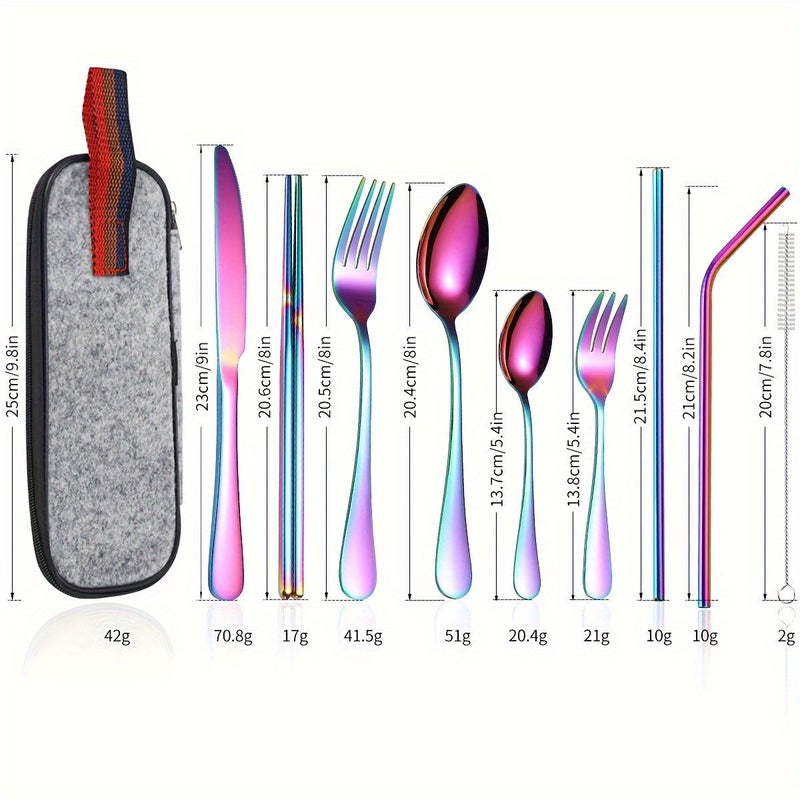 9 Pieces Stainless Steel 1010 Cutlery Set With Colorful Storage Bag Knife Fork Spoon Dessert Fork Dessert Spoon Chopsticks Straw And Cleaning Brush For Home Hotel Restaurant Outdoor School Picnic Use - Image 3