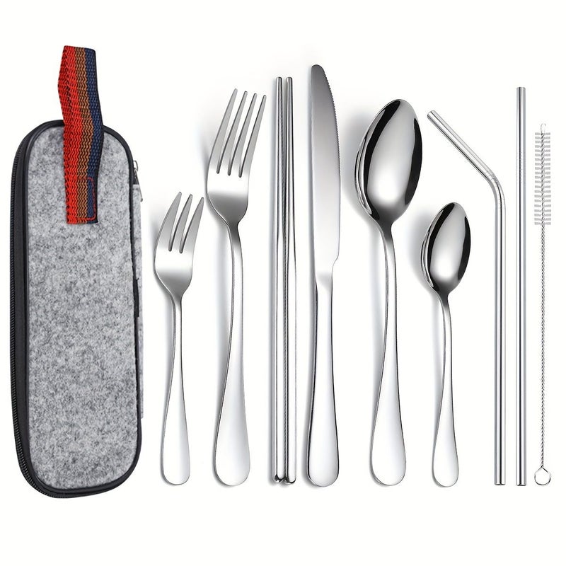 9 Pieces Stainless Steel 1010 Cutlery Set With Colorful Storage Bag Knife Fork Spoon Dessert Fork Dessert Spoon Chopsticks Straw And Cleaning Brush For Home Hotel Restaurant Outdoor School Picnic Use - Image 1