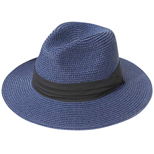 Lanzom Women Wide Brim Straw Panama Roll up Hat Fedora Beach Sun Hat UPF50+ (Blue) - Image 1