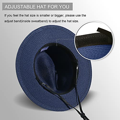 Lanzom Women Wide Brim Straw Panama Roll up Hat Fedora Beach Sun Hat UPF50+ (Blue) - Image 3