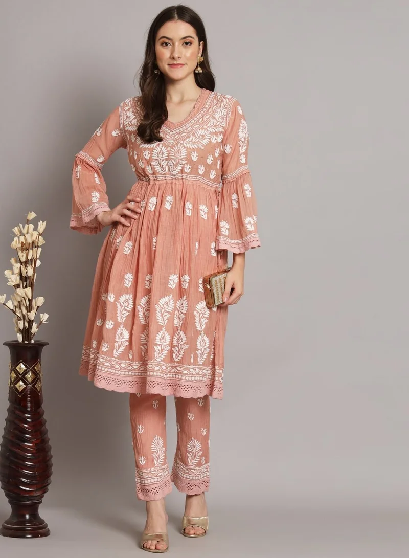 Alaya Hand Embroidered Chikankari Chanderi Cotton Frock Style Kurta Pant-AL3661KS