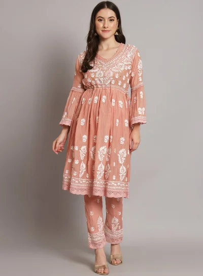Alaya Hand Embroidered Chikankari Chanderi Cotton Frock Style Kurta Pant-AL3661KS