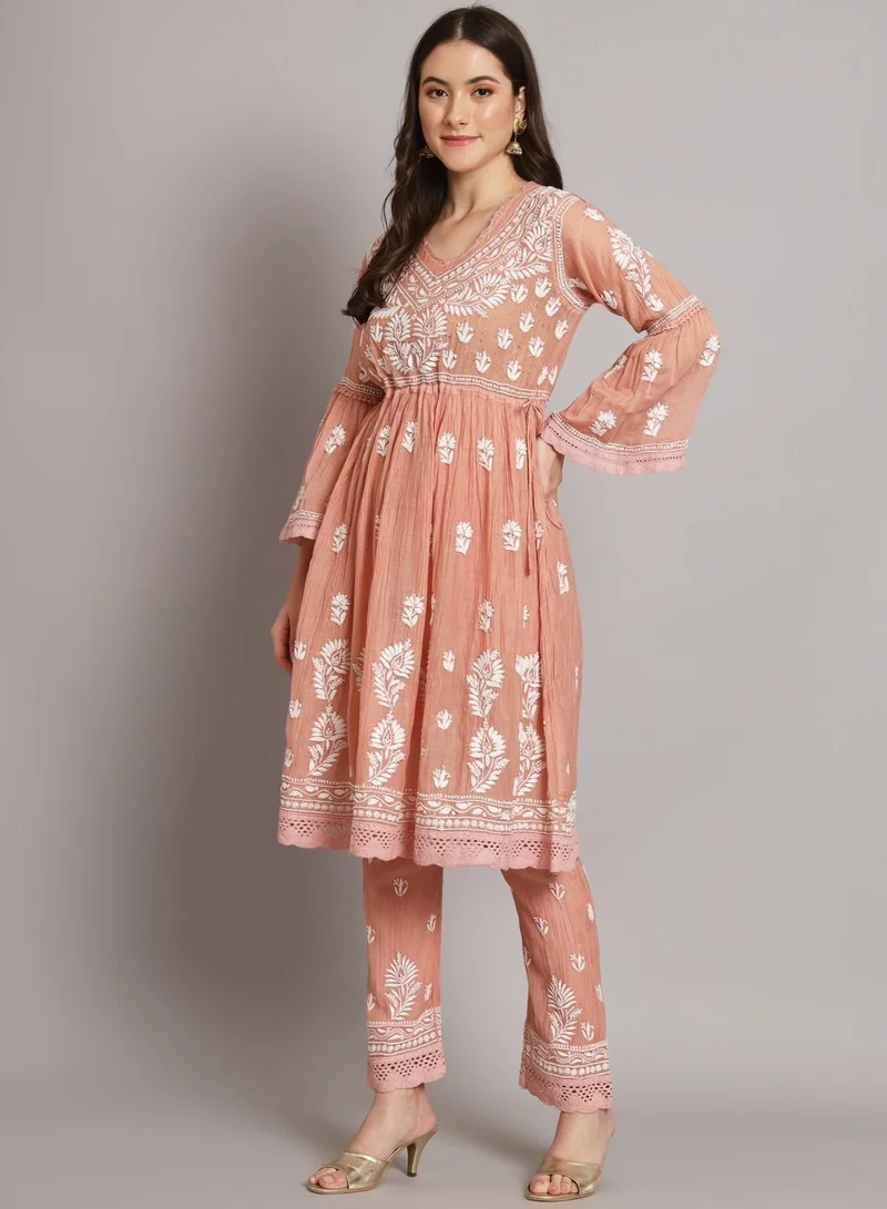 Alaya Hand Embroidered Chikankari Chanderi Cotton Frock Style Kurta Pant-AL3661KS