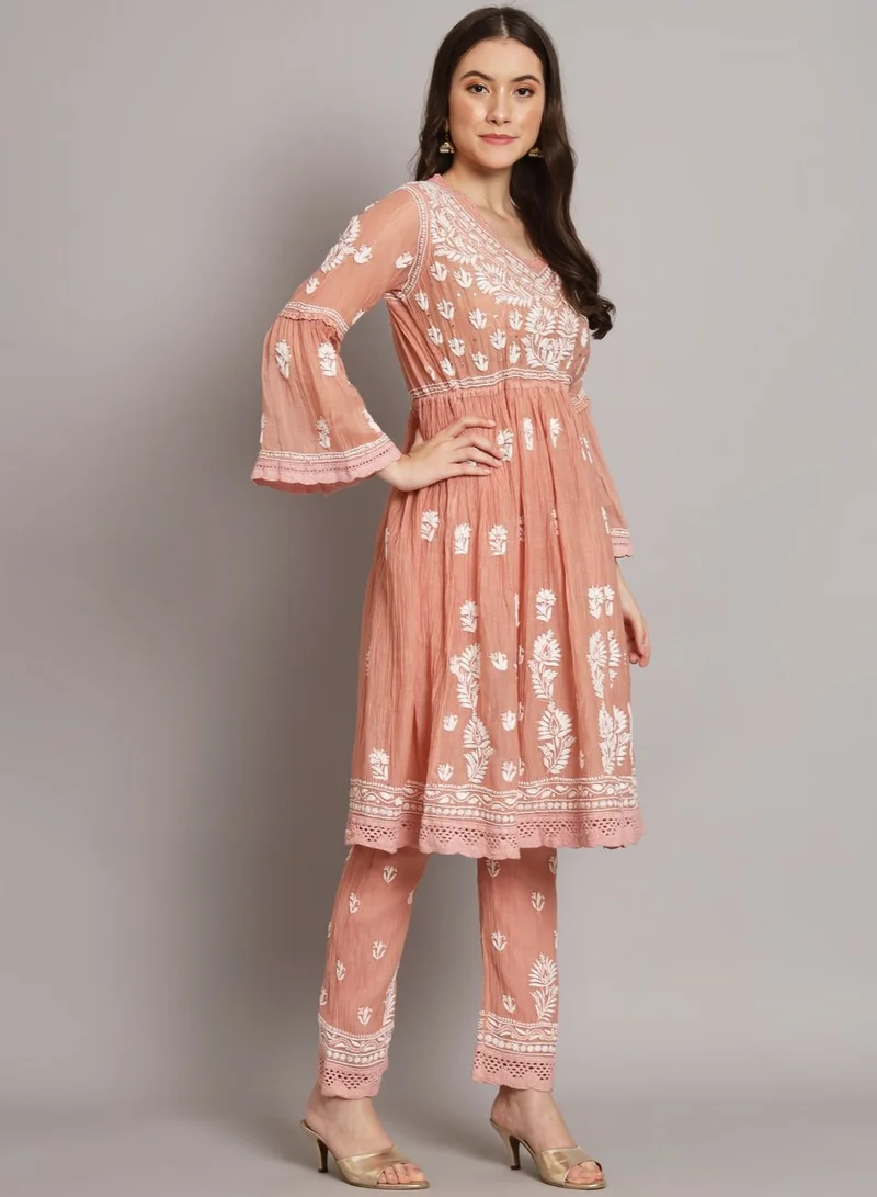 Alaya Hand Embroidered Chikankari Chanderi Cotton Frock Style Kurta Pant-AL3661KS