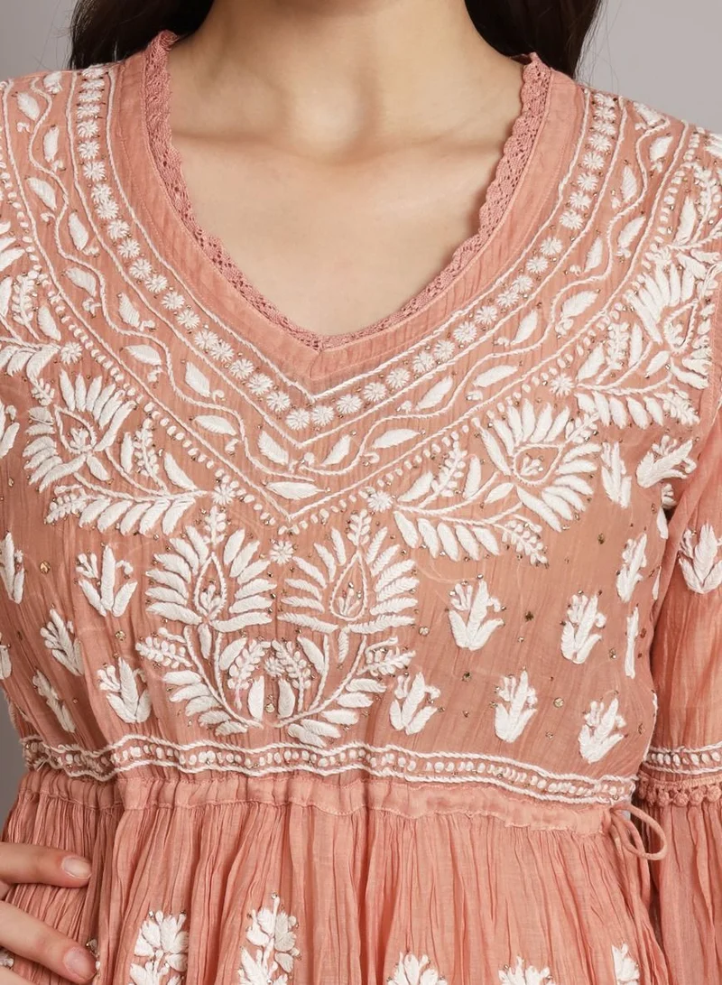 Alaya Hand Embroidered Chikankari Chanderi Cotton Frock Style Kurta Pant-AL3661KS
