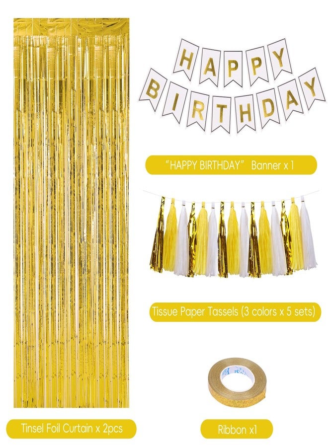RUBFAC Gold Birthday Party Decorations Set Gold Birthday Banner Background Confetti Balloons and Tri-color Tassel Garland for Boys Girls Men Women Party - Image 2
