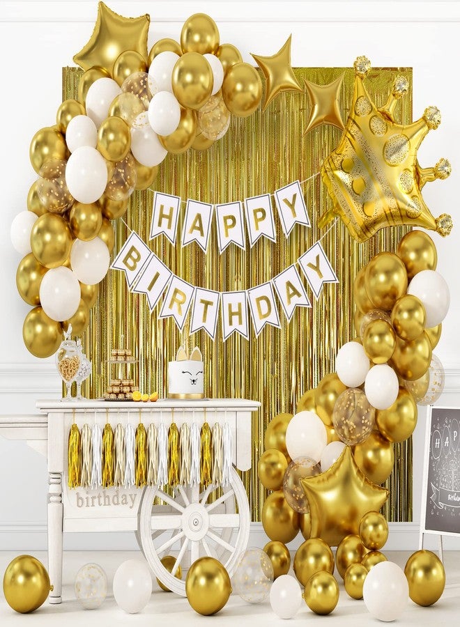 RUBFAC Gold Birthday Party Decorations Set Gold Birthday Banner Background Confetti Balloons and Tri-color Tassel Garland for Boys Girls Men Women Party - Image 1