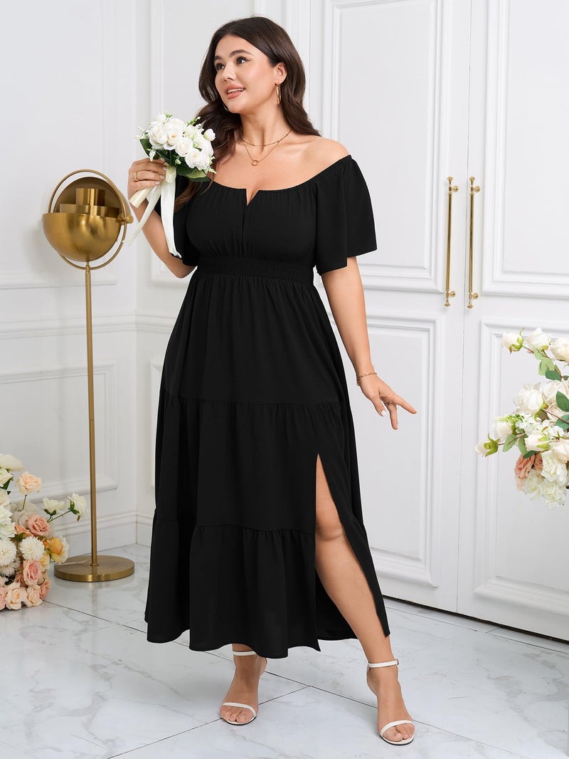 SCOMCHIC Womens Plus Size Maxi Dress Formal Short Sleeve Square Neck Smocked Side Split Flowy A Line Tiered Long Dress Black - Image 3