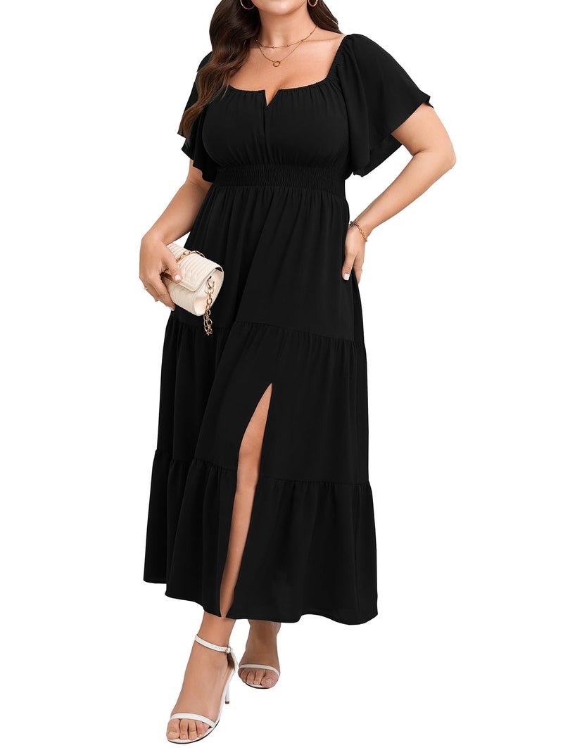 SCOMCHIC Womens Plus Size Maxi Dress Formal Short Sleeve Square Neck Smocked Side Split Flowy A Line Tiered Long Dress Black - Image 1