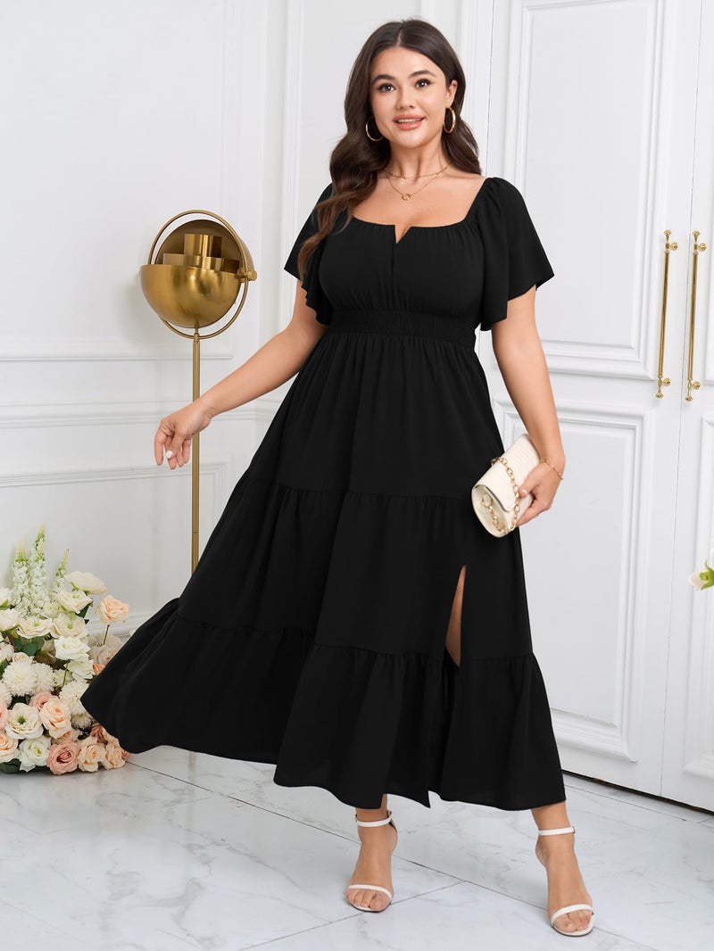 SCOMCHIC Womens Plus Size Maxi Dress Formal Short Sleeve Square Neck Smocked Side Split Flowy A Line Tiered Long Dress Black - Image 2