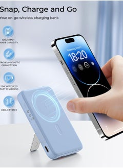 Benks BENKS Magnetic Power Bank, 10,000mAh Foldable Kickstand Wireless Portable Charger, for MagSafe Battery Pack with Two-Way 20W USB-C Port for iPhone 15/14/13/12 Series, Sky Blue  - Image 2