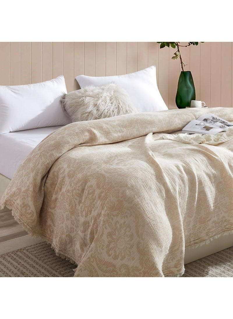 GOLD MANTIS 100% Cotton Paisley Gauze Blanket – 3-Layer Jacquard Soft Lightweight Throw for Bed & Sofa – Breathable, Skin-Friendly, All-Season Comfort (BEIGE, Queen) - Image 3