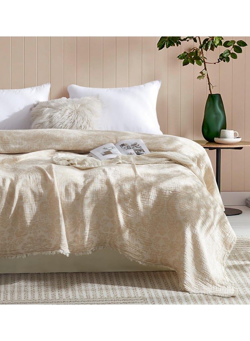 GOLD MANTIS 100% Cotton Paisley Gauze Blanket – 3-Layer Jacquard Soft Lightweight Throw for Bed & Sofa – Breathable, Skin-Friendly, All-Season Comfort (BEIGE, Queen) - Image 2