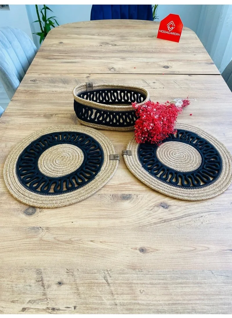 BDZ Deri BDZ Leather Jute Wicker American Service Plate and Basket 3 Pieces