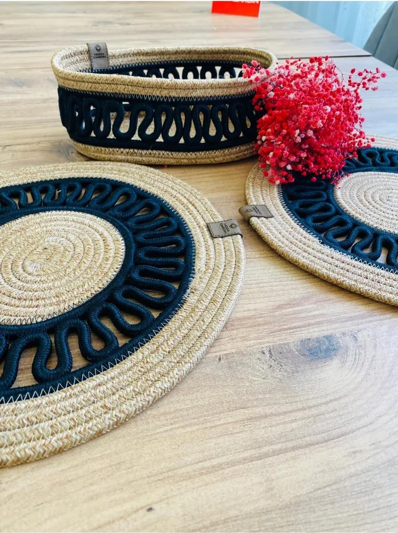 BDZ Deri BDZ Leather Jute Wicker American Service Plate and Basket 3 Pieces