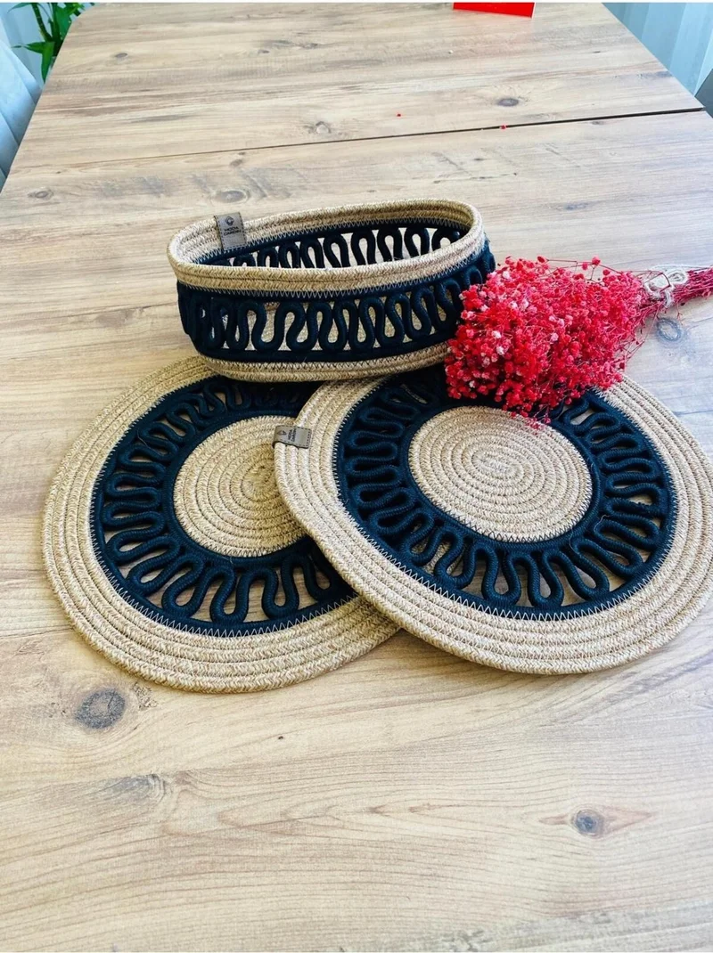 BDZ Deri BDZ Leather Jute Wicker American Service Plate and Basket 3 Pieces