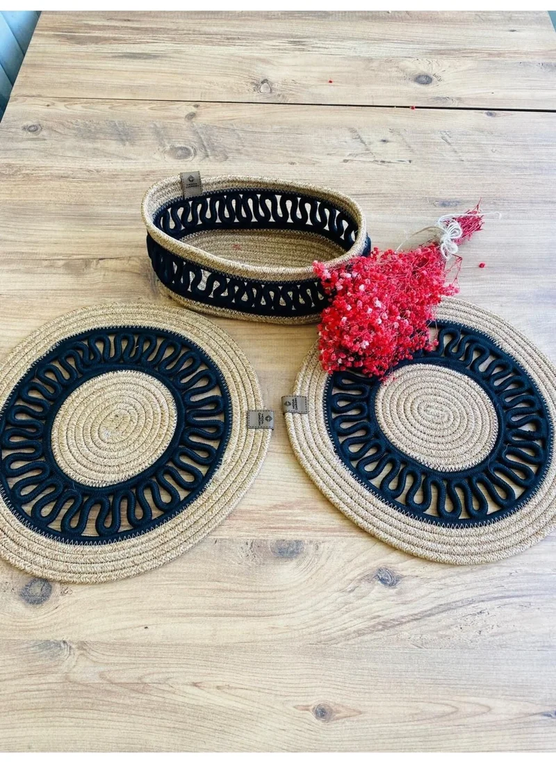 BDZ Deri BDZ Leather Jute Wicker American Service Plate and Basket 3 Pieces