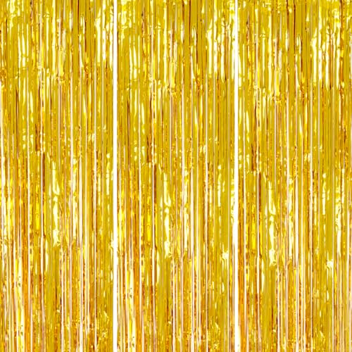 DECOCKRAT 3 Pack Foil Fringe Backdrop - Gold Shiny Tinsel Curtains for Party Decoration/Photo Booth Props - 3.3x8.2 FT Metallic Foil Backdrop for Birthday, Wedding, Graduation, Christmas. - Image 1