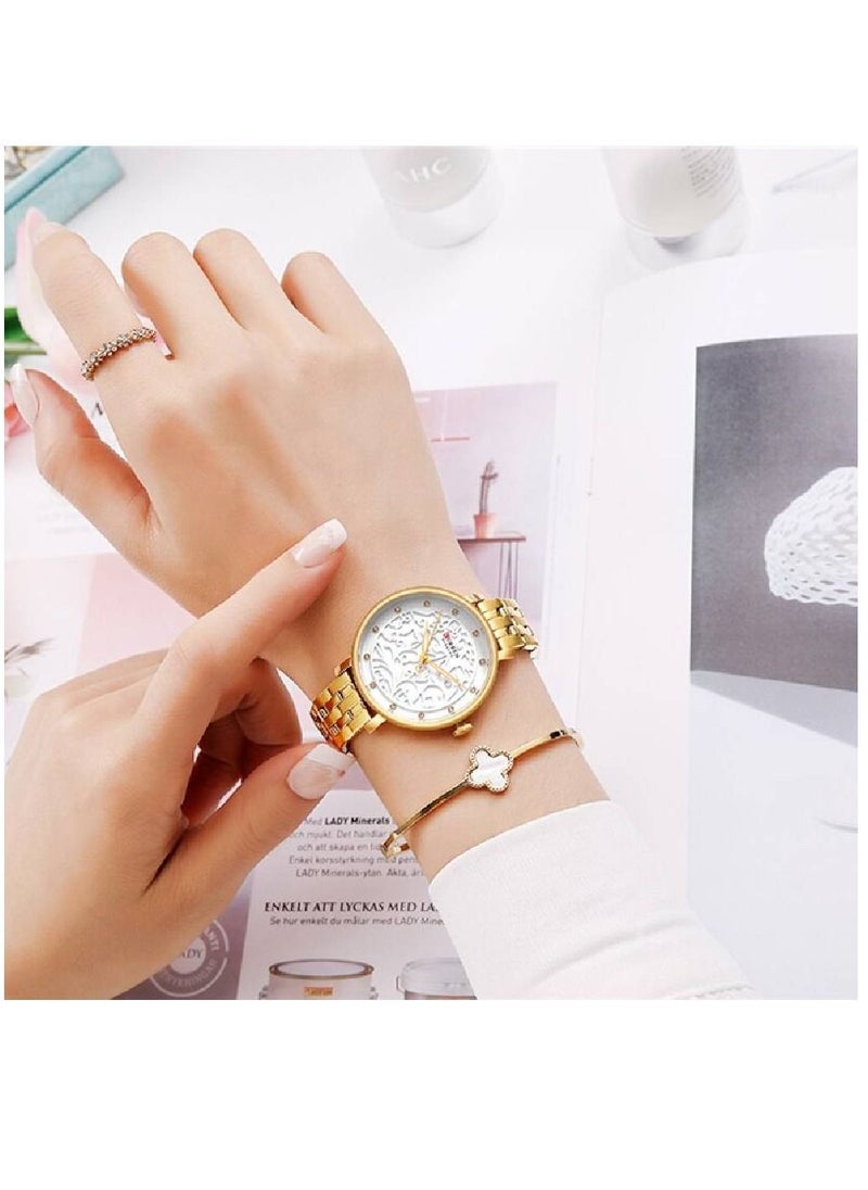 CURREN - 9046 Quartz Movement Round Dial Stainless Steel Strap Waterproof Women Wristwatch - Gold - Image 1