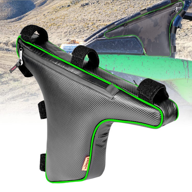 Goldfire حقائب تنظيم أدوات قفص Goldfire الجانبية - حقيبة تخزين مثلثية سوداء متوافقة مع ملحقات Kawasaki Teryx KRX 1000 2020 2021 2022 2023 (بخط أخضر) - Image 1
