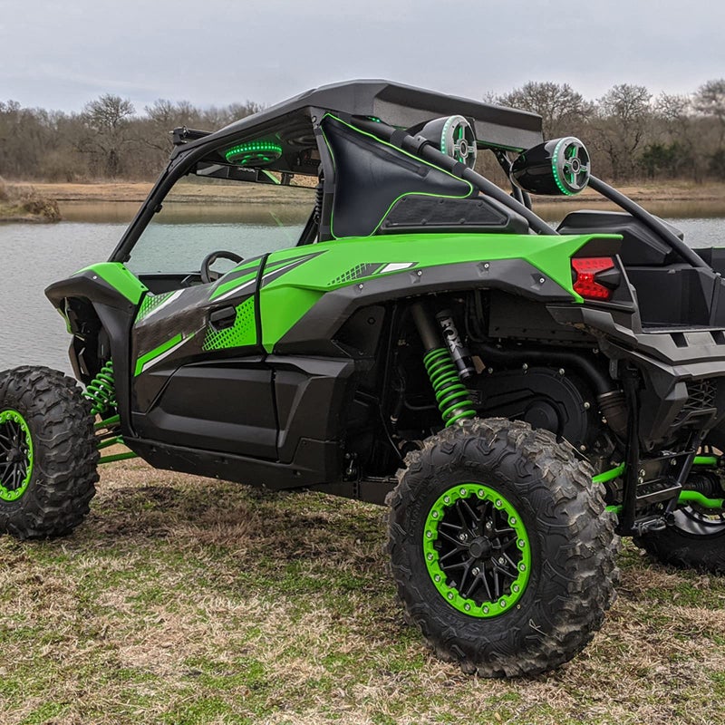 Goldfire حقائب تنظيم أدوات قفص Goldfire الجانبية - حقيبة تخزين مثلثية سوداء متوافقة مع ملحقات Kawasaki Teryx KRX 1000 2020 2021 2022 2023 (بخط أخضر) - Image 2