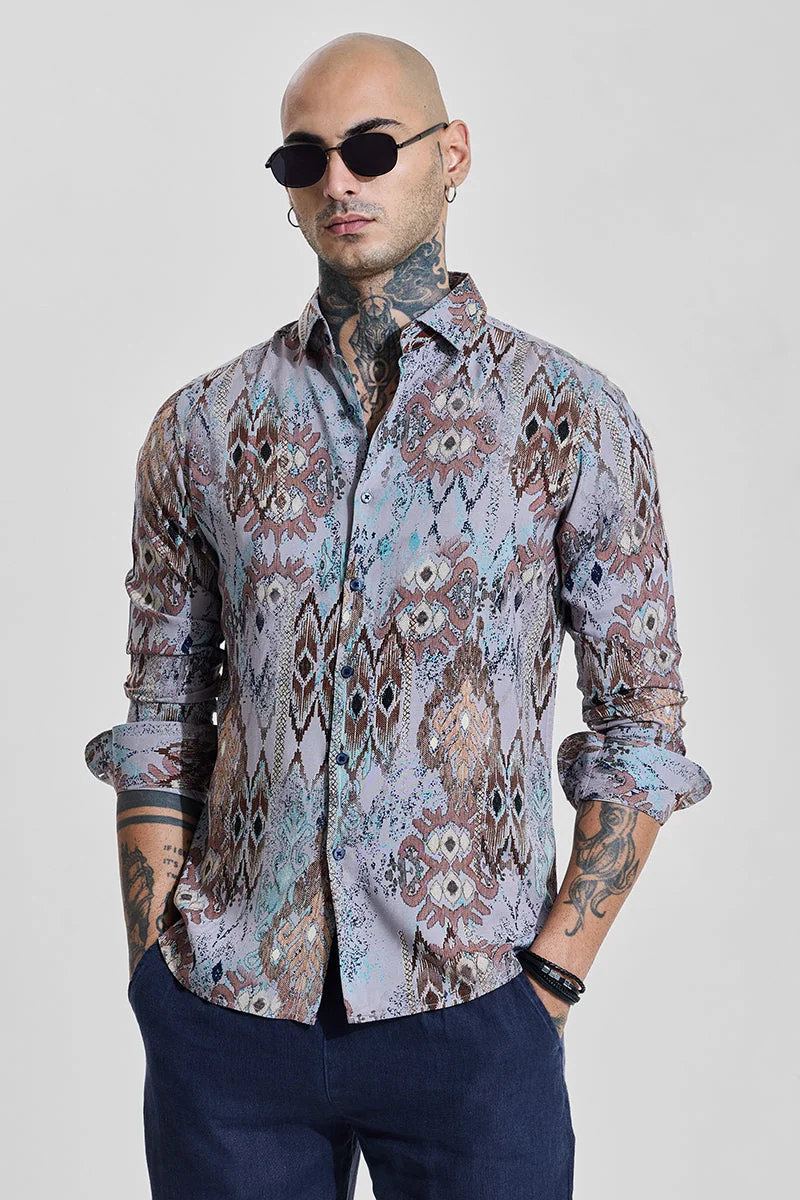 SNITCH Lavender Abstract Long Sleeve Slim Fit Casual Shirt