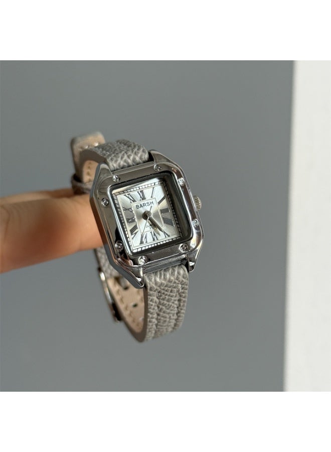 Barsh Retro-style small square watch, suitable for female students - casual quartz watch, gray strap, silver bezel (with watch box) - Image 1