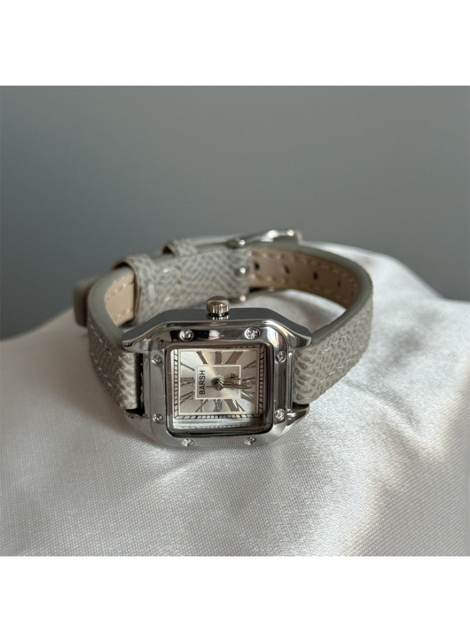 Barsh Retro-style small square watch, suitable for female students - casual quartz watch, gray strap, silver bezel (with watch box) - Image 4